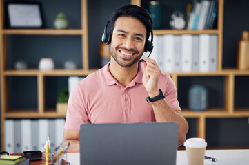 Aufkleber - Asian man, call center and portrait smile on laptop for consulting, customer service or support at office desk. Happy male consultant with headphones by computer for telemarketing or online advice