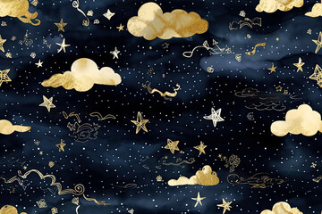 Wall Mural - Generative AI illustration seamless pattern of the night sky with gold foil stars and clouds. Watercolor background of the night sky.