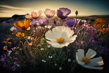 Wildflowers in sunset light. Blooming spring meadow. generative ai.  Field of summer flowers