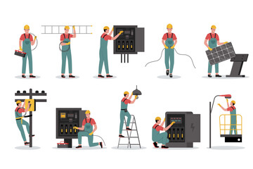 Wall Mural - Vector illustration set of electrical workers. Illustration for website, landing page, mobile app, poster and banner. Trendy flat vector illustration