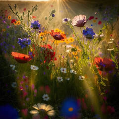 Wildflowers in sunset light. Blooming spring meadow. generative ai.  Field of summer flowers