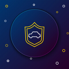 Canvas Print - Line Car with shield icon isolated on blue background. Insurance concept. Security, safety, protection, protect concept. Colorful outline concept. Vector