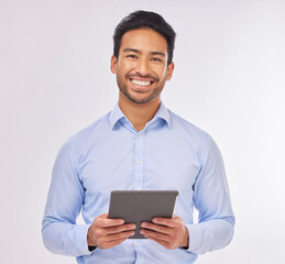 Aufkleber - Portrait, smile and business man with tablet in studio isolated on a white background. Ceo face, professional boss and happy Asian male entrepreneur from Singapore from with touchscreen technology.