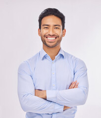 Aufkleber - Portrait, smile and business man with arms crossed in studio isolated on a white background. Ceo, professional boss and happy, confident or proud Asian male entrepreneur from Singapore with job pride