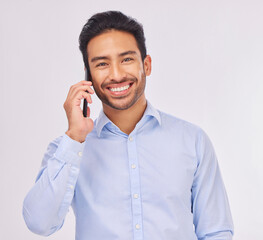 Aufkleber - Phone call, smile and portrait of business man in studio isolated on a white background. Face, cellphone communication and happy Asian male professional with mobile for talking, speaking or chatting.