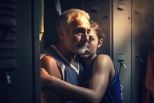 Sexual Harassment Case Of An Old Grey Haur Sports Coach And A Young Female Athlete Sports Girl - Trainer Holding A Scared Trainee In His Arms In Locker As Abuse, Generative Ai