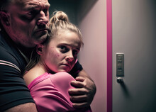 Sexual Harassment Case Of A Middle-aged Sports Coach And A Young Female Athlete Sports Girl - Trainer Holding A Scared Trainee In His Arms In Locker Room As Abuse With Copy Space, Generative Ai