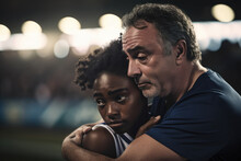 Sexual Harassment Case Of A White Middle-aged Sports Coach And A Young Black Female Athlete Girl - Trainer Holding Trainee In His Arms  In Stadium As Inappropriate Abuse With Copy Space, Generative Ai