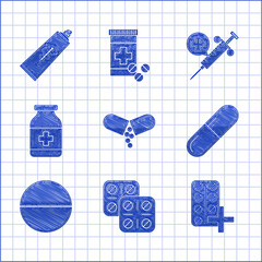 Sticker - Set Medicine pill or tablet, Pills blister pack, bottle, Medical syringe with needle and Ointment cream tube medicine icon. Vector