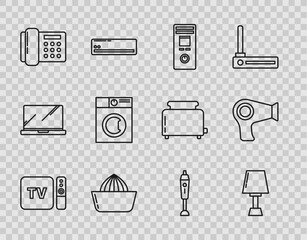 Canvas Print - Set line TV box receiver and player with remote controller, Table lamp, Remote, Citrus fruit juicer, Telephone, Washer, Blender and Hair dryer icon. Vector