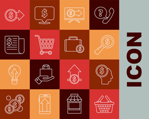 Wall Mural - Set line Shopping basket, Business man planning mind, Magnifying glass and dollar, Monitor with, cart, Financial news, Coin money symbol and Briefcase icon. Vector