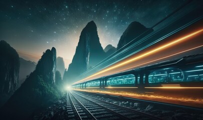 Poster -  a train traveling through a lush green countryside under a night sky.  generative ai