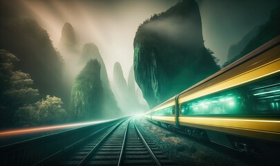 Poster -  a train traveling through a lush green forest filled with tall mountains.  generative ai