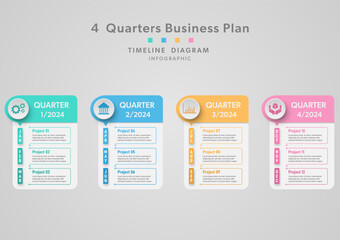 Minimal Infographics Business growth planning 4 quarter timeline multicolored by month For investment, marketing, finance, product, project gray gradient background