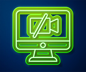Poster - Glowing neon line Video camera Off on computer icon isolated on blue background. No video. Vector