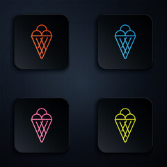 Sticker - Color neon line Ice cream in waffle cone icon isolated on black background. Sweet symbol. Set icons in square buttons. Vector