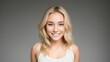 © Dawid - Young teenage woman girl with blond hair on grey isolated background with copy space. Generative AI