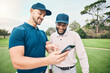 © Clayton D/peopleimages.com - Golf course, men and friends with talk for using phone, smile and personal trainer with video for training together. Golfer, smartphone and point at meme on social media app with sports for diversity