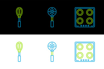 Poster - Set line Gas stove, Kitchen whisk and Spatula icon. Vector