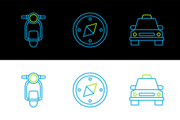 Sticker - Set line Taxi car, Scooter and Compass icon. Vector