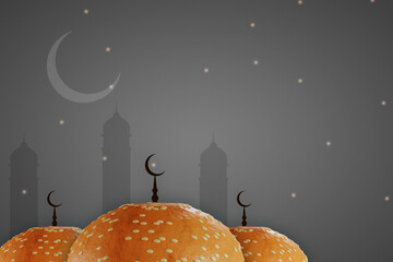 Wall Mural - photo burger mosque happy ramadan, happy eid, ramadan kareem, islamic moon, ramadan eid and crescent of ramadan background.