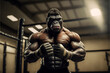 Portrait of angry gorilla MMA fighter, powerful and muscular, anthropomorphic sportsman in mixed martial arts octagon, sports concept, generated by ai