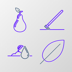 Poster - Set line Leaf, Watering sprout, Garden rake work and Pear icon. Vector