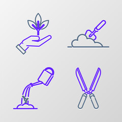 Sticker - Set line Gardening handmade scissors for trimming, Watering can with water, trowel spade shovel the ground and Plant of environmental protection icon. Vector