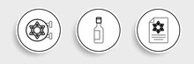 Set Line Torah Scroll, Jewish Synagogue And Wine Bottle Icon. Vector