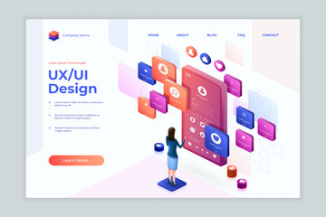 Aufkleber - Isometric mobile app. UX UI web design landing. 3D website platform. Tablet digital screen. Access to development system. Internet site interface. User registration. Vector concept