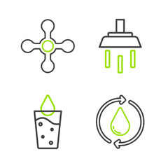 Sticker - Set line Recycle clean aqua, Glass with water, Shower and Water tap icon. Vector