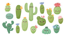Cute Cactus Characters, Succulent Faces. Happy Cacti Plants, Kawaii Thorns And Pots, Summer Garden. Hand Drawn Houseplants With Smiles. Bright Decorative Flowers Vector Isolated Illustration