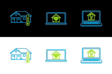 Poster - Set line Laptop with smart house and light bulb, House temperature and home wi-fi icon. Vector