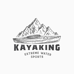 Wall Mural - kayaking abstract sign, symbol or logo template. hand drawn kayak or canoe boat and mountains lansca