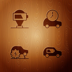 Sticker - Set Electric car, Battery charge, service and on wooden background. Vector