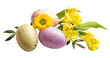 PNG. Happy Easter. Three colorful eggs and spring yellow flowers. isolate