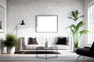 Wall Mural - Design scandinavian interior of living room with flowers in vase and mockup frame. AI Generated
