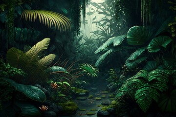 A lush Amazonian jungle, tropical forest, beautiful landscape with trees and bushes, shrubs and many other plants. Dark green foliage, rainforest. Nature illustration. Image is AI generated.