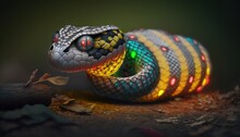  A Colorful Snake With Its Mouth Open On The Ground With Leaves Around It And A Green Light Coming From Its Eyes And Head, With A Black Background.  Generative Ai
