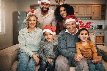 Sticker - Christmas, big family and portrait smile on sofa in living room in home, bonding and care. Xmas, laughing and happy grandmother, grandfather and parents with boys or children enjoying holiday time.