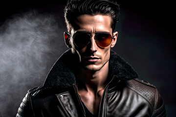 Portrait of stylish and attractive man with aviator sunglasses and leather jacket. Studio shot with copy space. Generative AI.