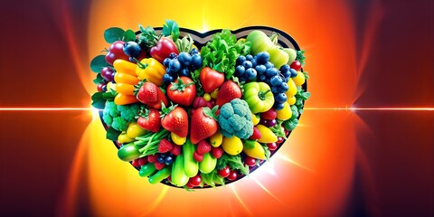 A heart shaped arrangement of fruits and vegetables