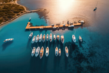 Luxury Oasis.Aerial view of boats and luxury yachts in dock at sunset in summer in Sardinia, Italy. Generative Ai