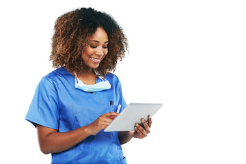A Black woman, tablet and doctor with smile, focus or research with healthcare article. Isolated nurse, mobile tech touchscreen and reading email, social media app or news isolated on a png background