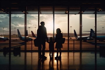 Together on the Journey. At the airport, family holding hand together. Generative Ai