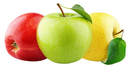 Colorful apples with leaves isolated on transparent background. Red, green, yellow apples with leaf