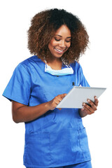 Doctor, black woman and tablet with focus, smile and research for healthcare problem. Isolated nurse, mobile tech touchscreen and reading email, social media app or chat isolated on a png background