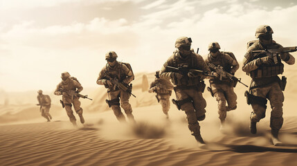 Military Tactical Special Squad Special Forces Unit, running through a desert, Equipped Armed Soldiers, Full Gear, Wartime, Battlefield Epic Scene	