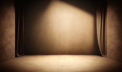 Wall Mural -  an empty stage with a curtain and light coming from the top of it and a spot of light shining on the floor in front of the curtain.  generative ai