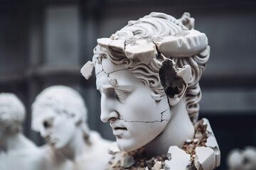 Poster - Broken ancient greek statue head falling in pieces. Broken marble sculpture, cracking bust, concept of depression, memory loss, mentality loss or illness. AI generated image.